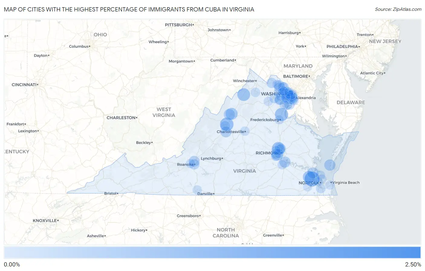 Cities with the Highest Percentage of Immigrants from Cuba in Virginia Map