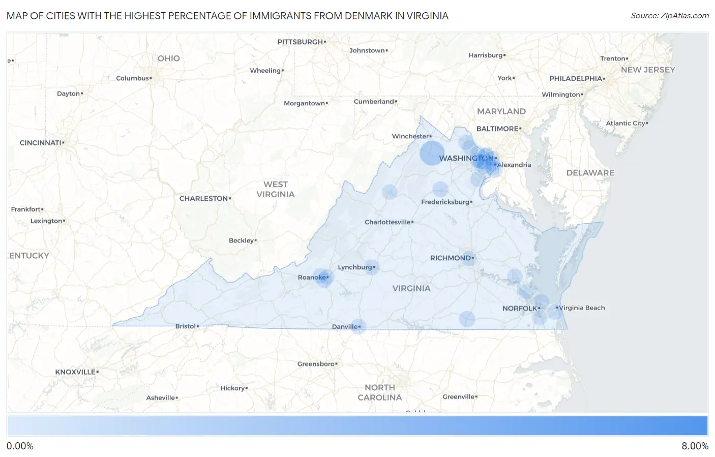 Cities with the Highest Percentage of Immigrants from Denmark in Virginia Map