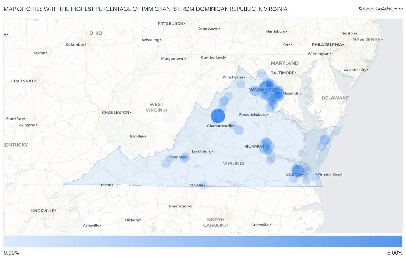 Cities with the Highest Percentage of Immigrants from Dominican Republic in Virginia Map