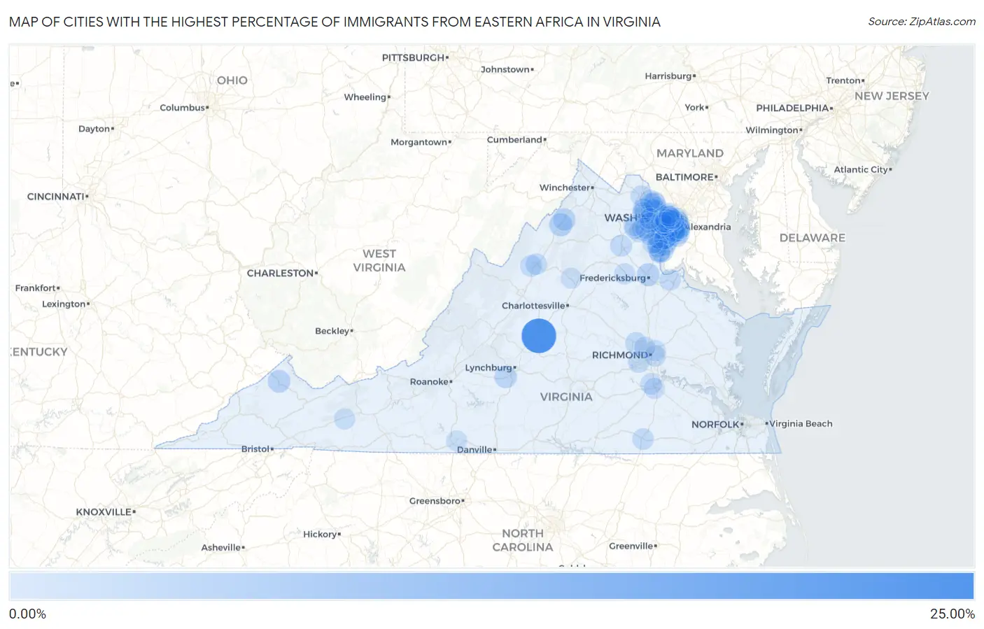 Cities with the Highest Percentage of Immigrants from Eastern Africa in Virginia Map