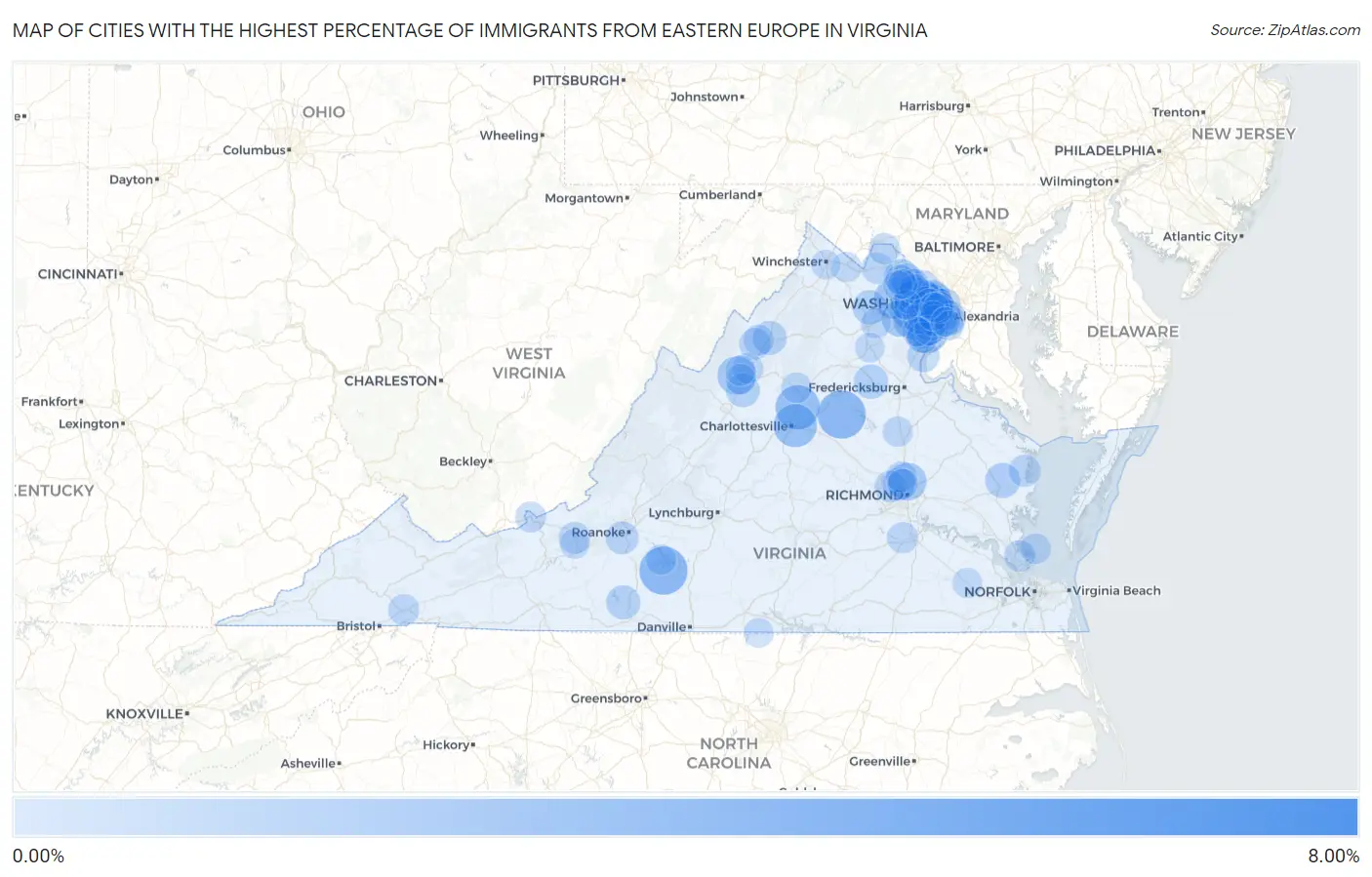 Cities with the Highest Percentage of Immigrants from Eastern Europe in Virginia Map