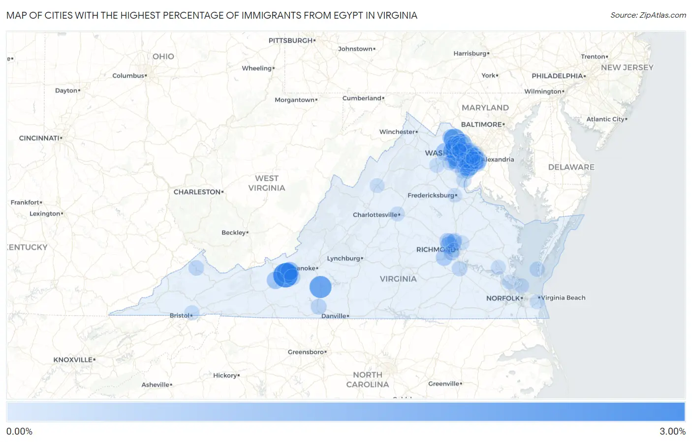 Cities with the Highest Percentage of Immigrants from Egypt in Virginia Map