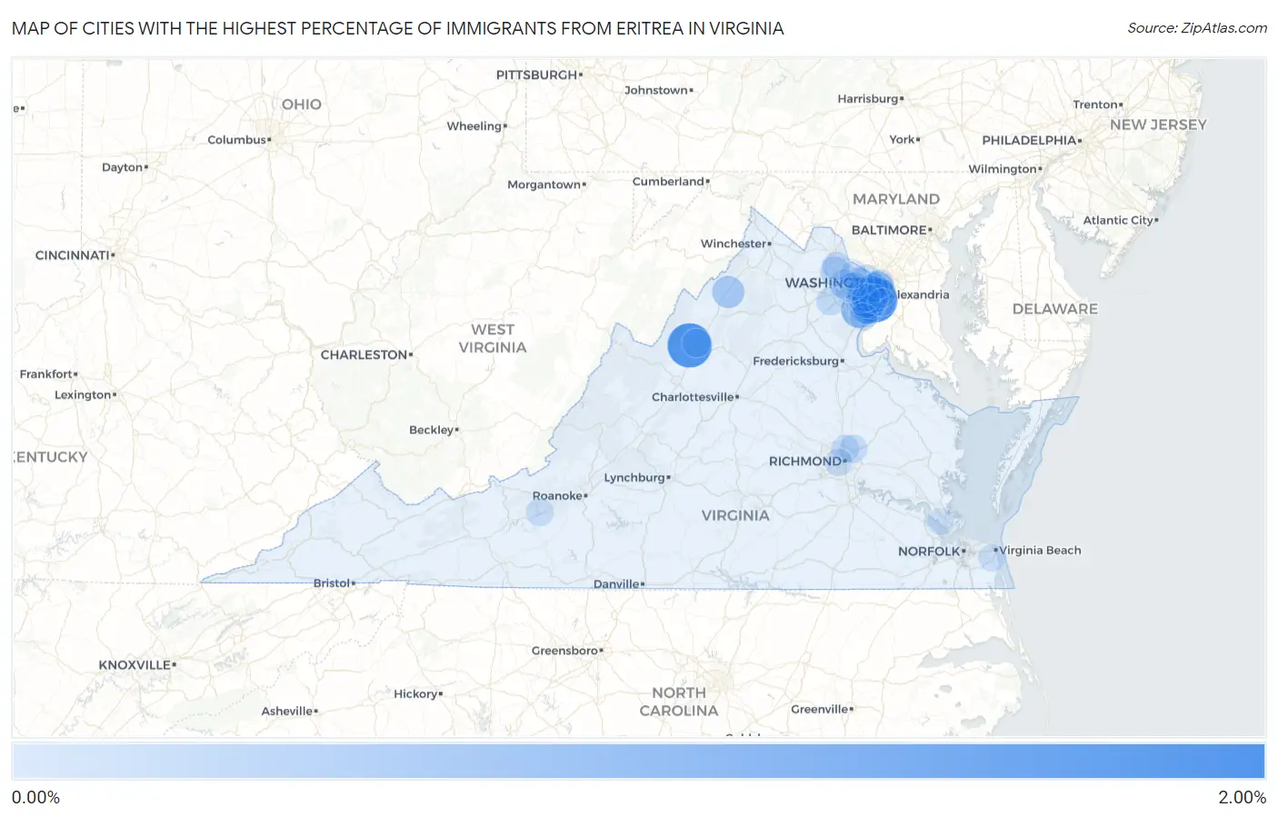 Cities with the Highest Percentage of Immigrants from Eritrea in Virginia Map