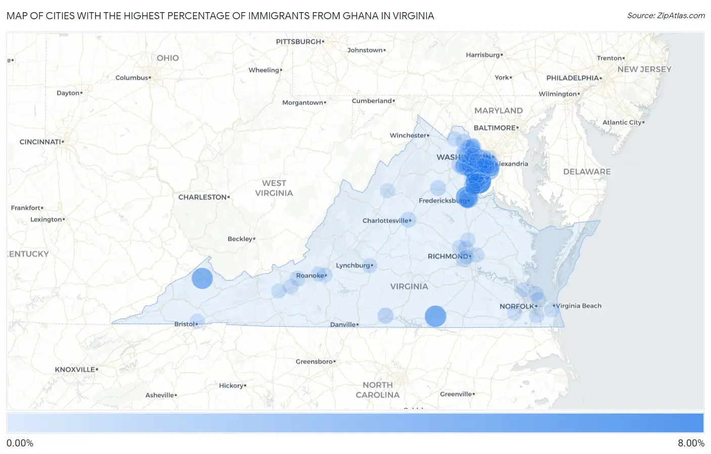 Cities with the Highest Percentage of Immigrants from Ghana in Virginia Map