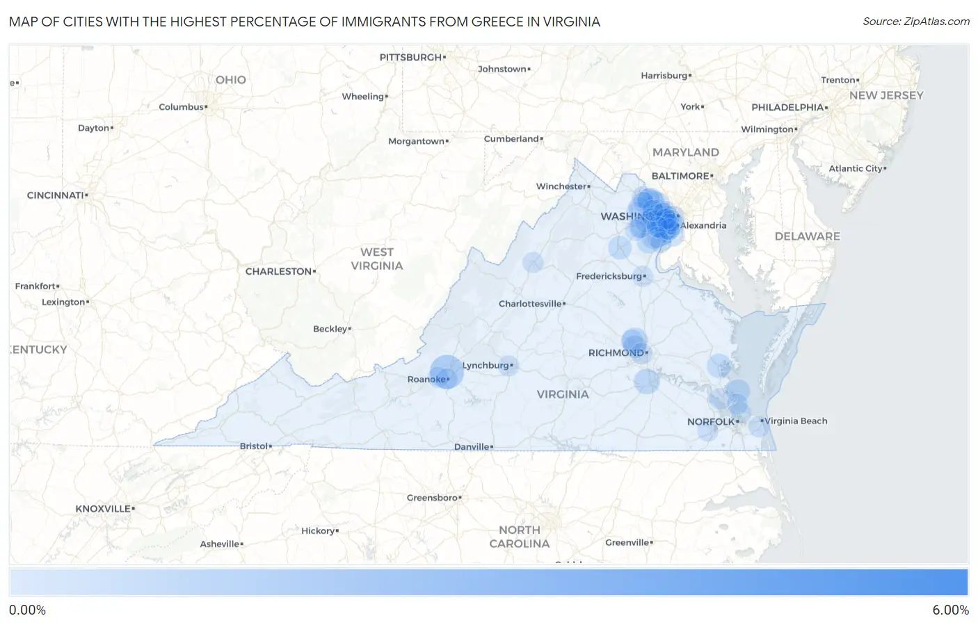 Cities with the Highest Percentage of Immigrants from Greece in Virginia Map