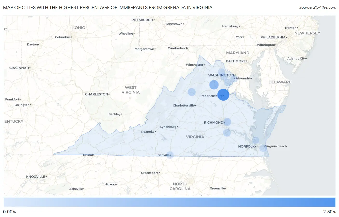 Cities with the Highest Percentage of Immigrants from Grenada in Virginia Map