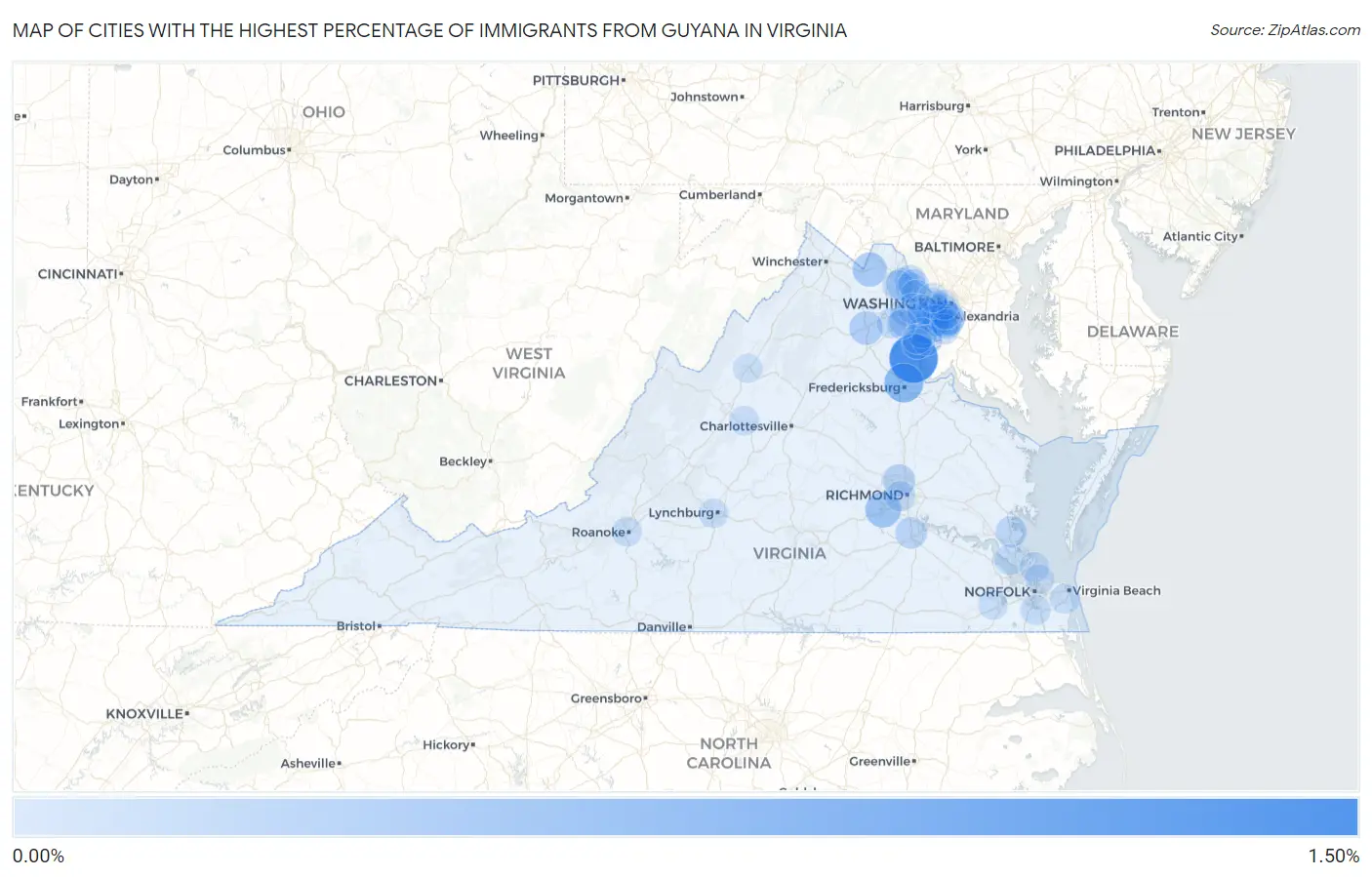 Cities with the Highest Percentage of Immigrants from Guyana in Virginia Map