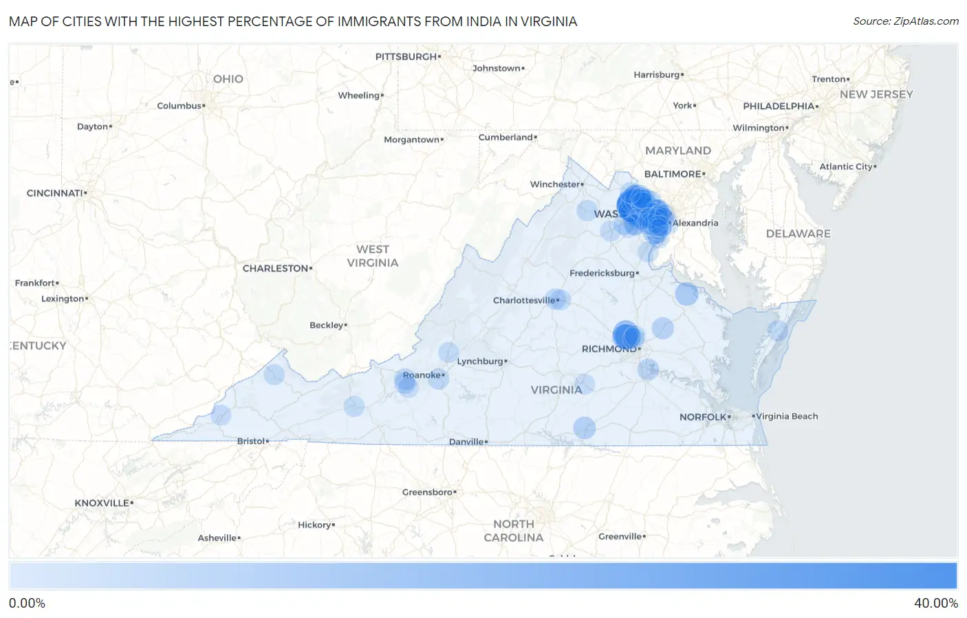 Cities with the Highest Percentage of Immigrants from India in Virginia Map