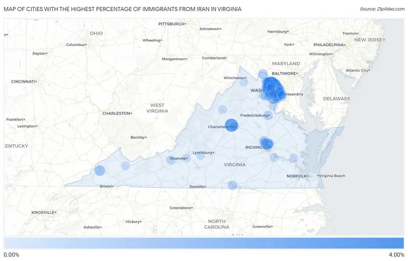 Cities with the Highest Percentage of Immigrants from Iran in Virginia Map