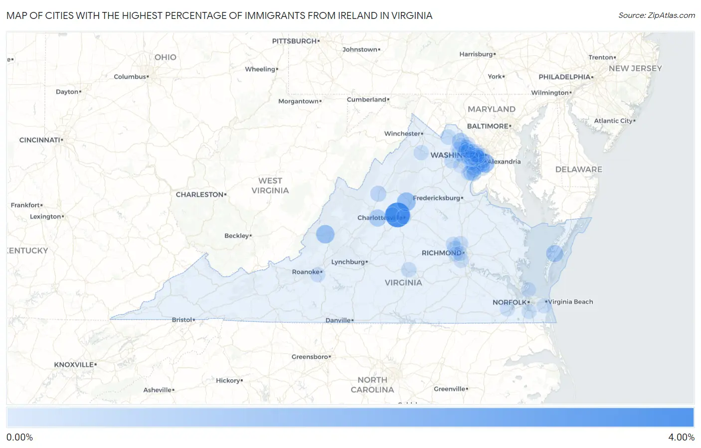Cities with the Highest Percentage of Immigrants from Ireland in Virginia Map