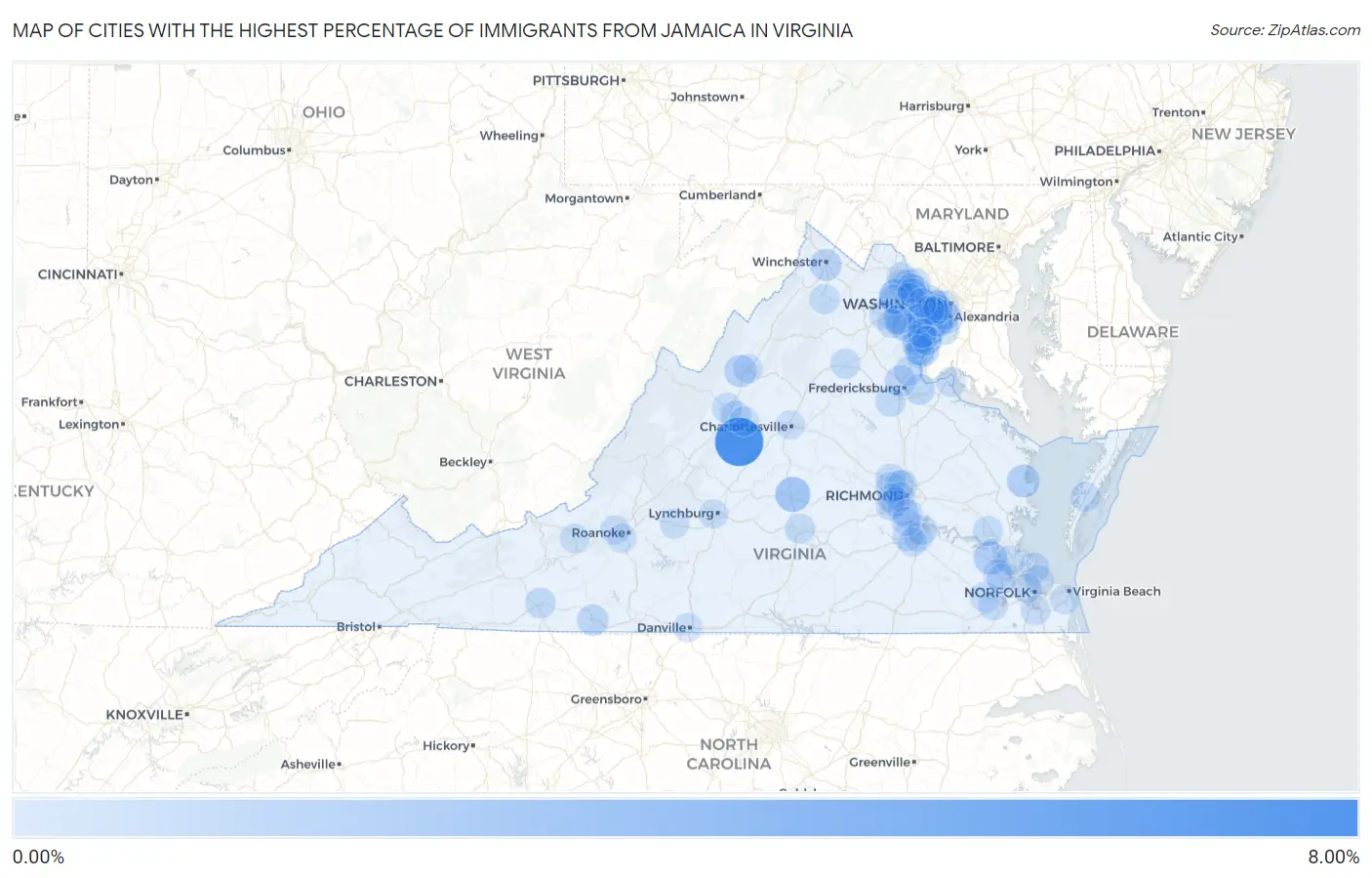 Cities with the Highest Percentage of Immigrants from Jamaica in Virginia Map