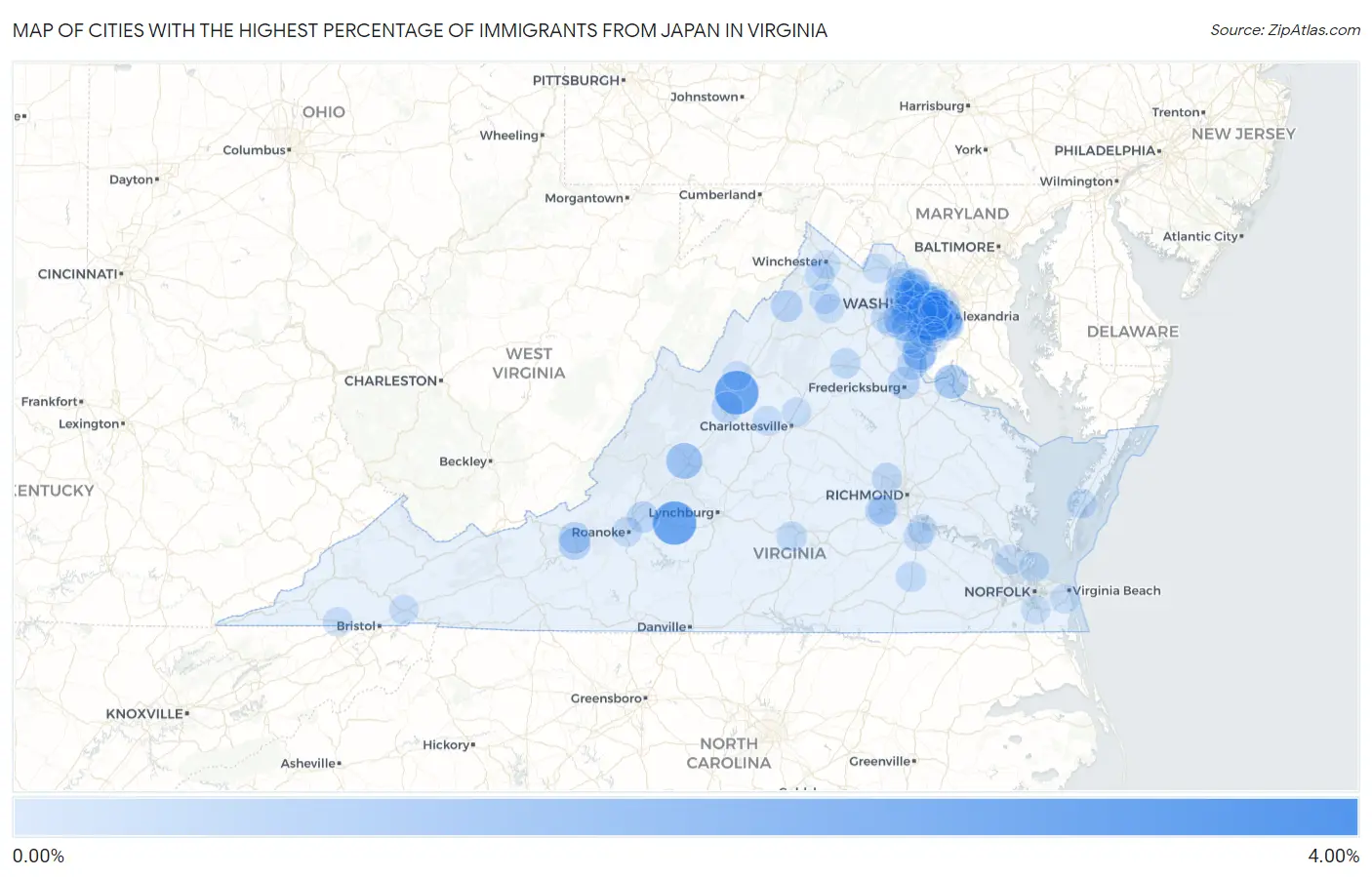 Cities with the Highest Percentage of Immigrants from Japan in Virginia Map