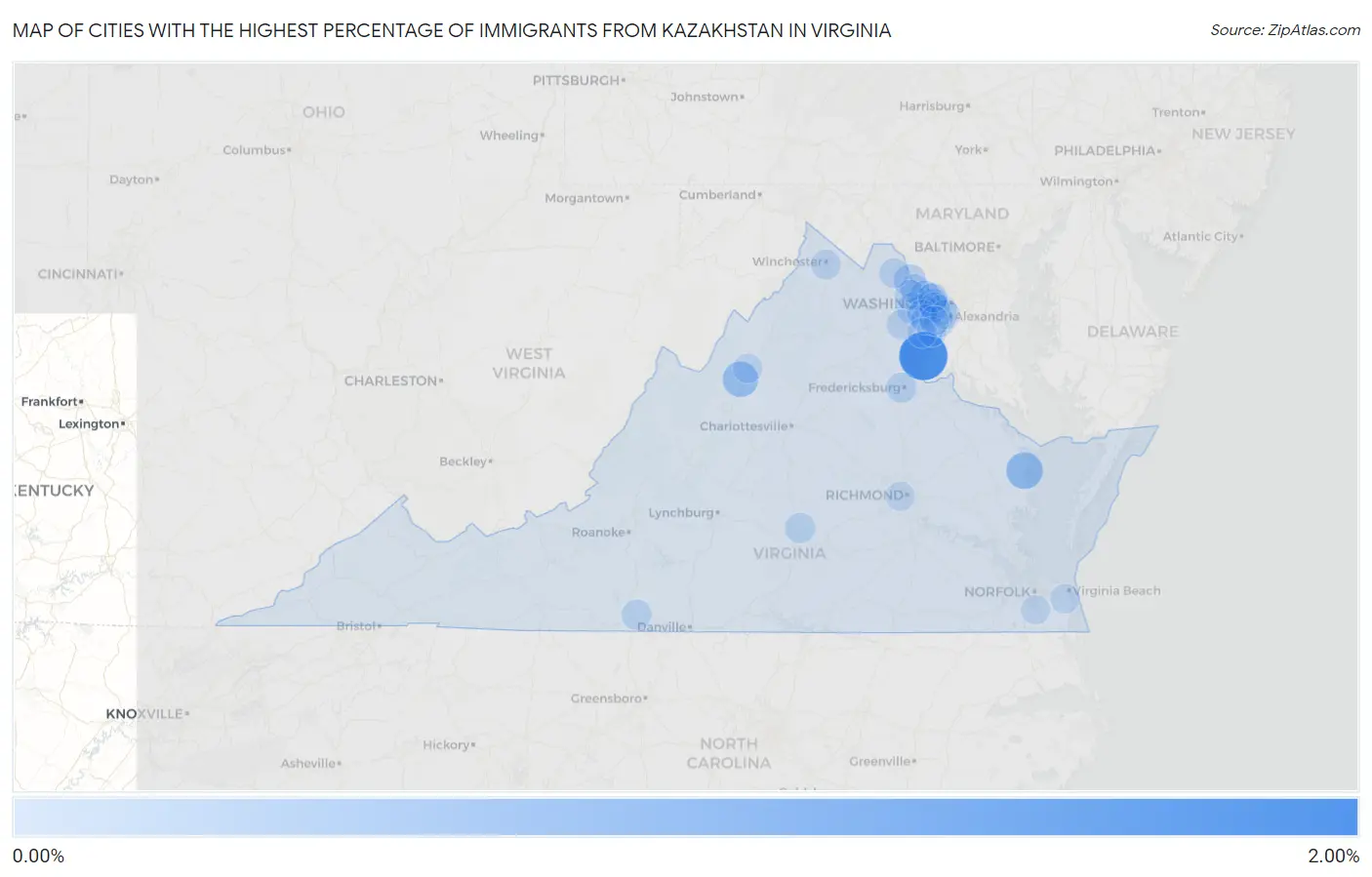 Cities with the Highest Percentage of Immigrants from Kazakhstan in Virginia Map