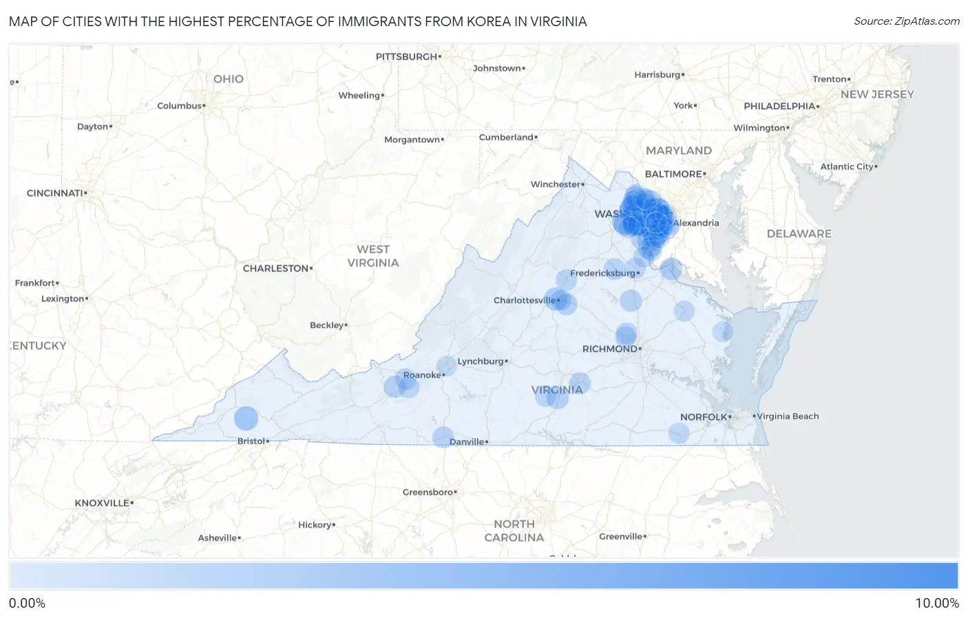 Cities with the Highest Percentage of Immigrants from Korea in Virginia Map