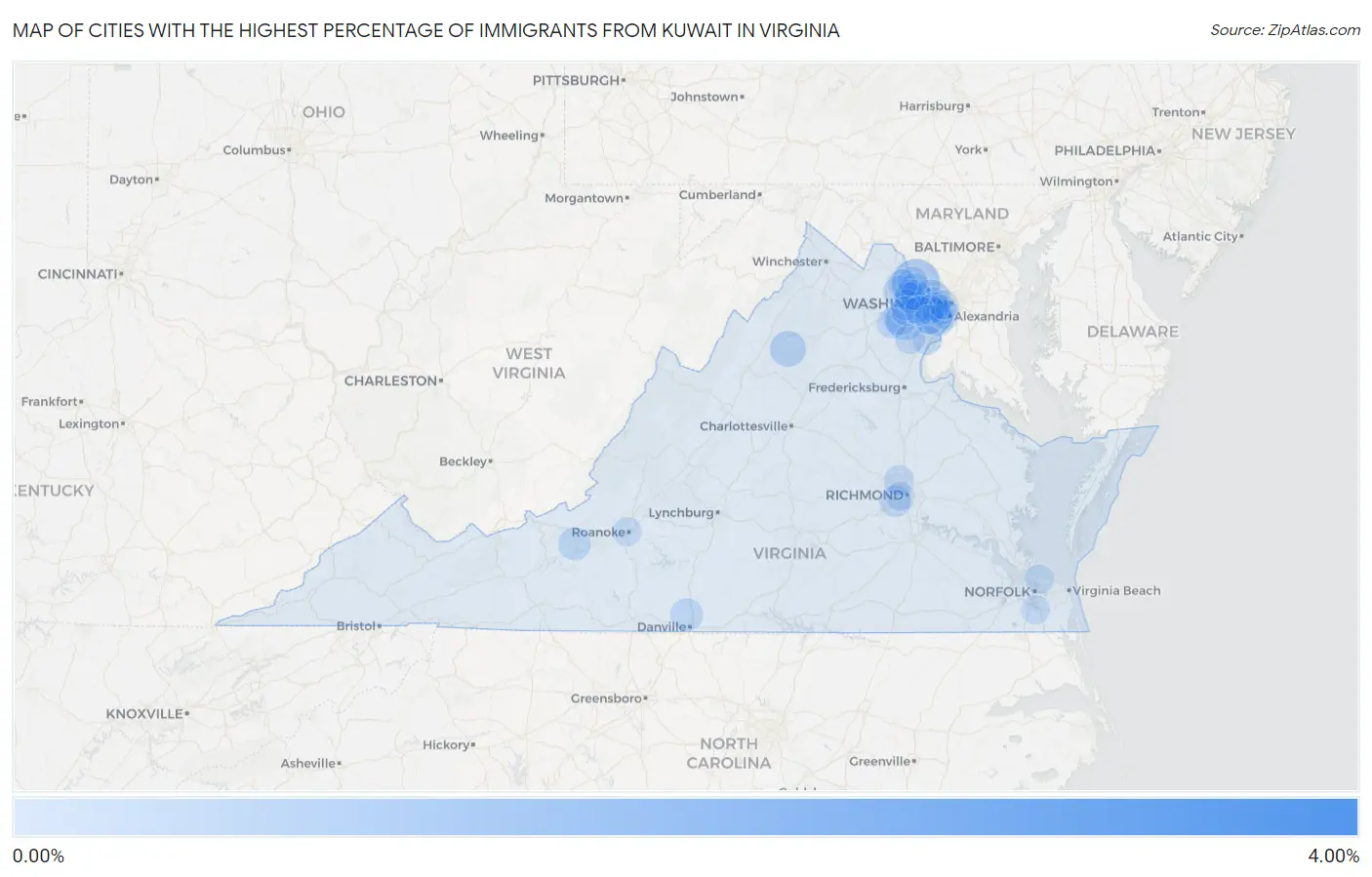 Cities with the Highest Percentage of Immigrants from Kuwait in Virginia Map