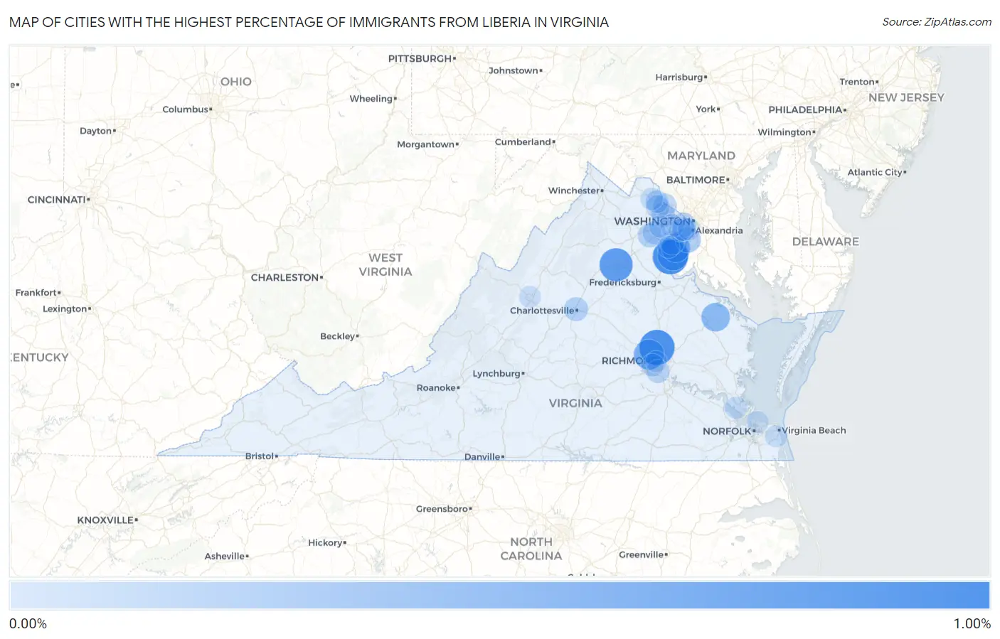 Cities with the Highest Percentage of Immigrants from Liberia in Virginia Map