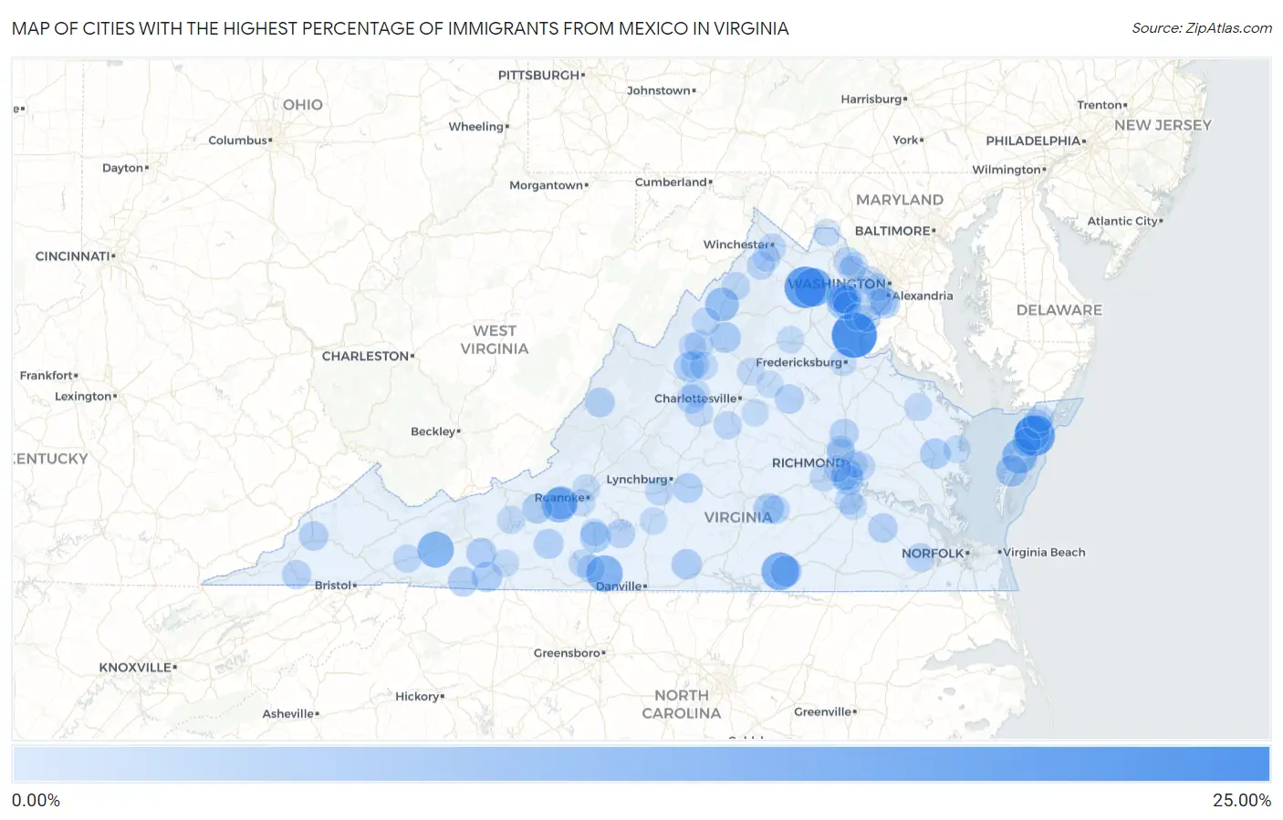 Cities with the Highest Percentage of Immigrants from Mexico in Virginia Map