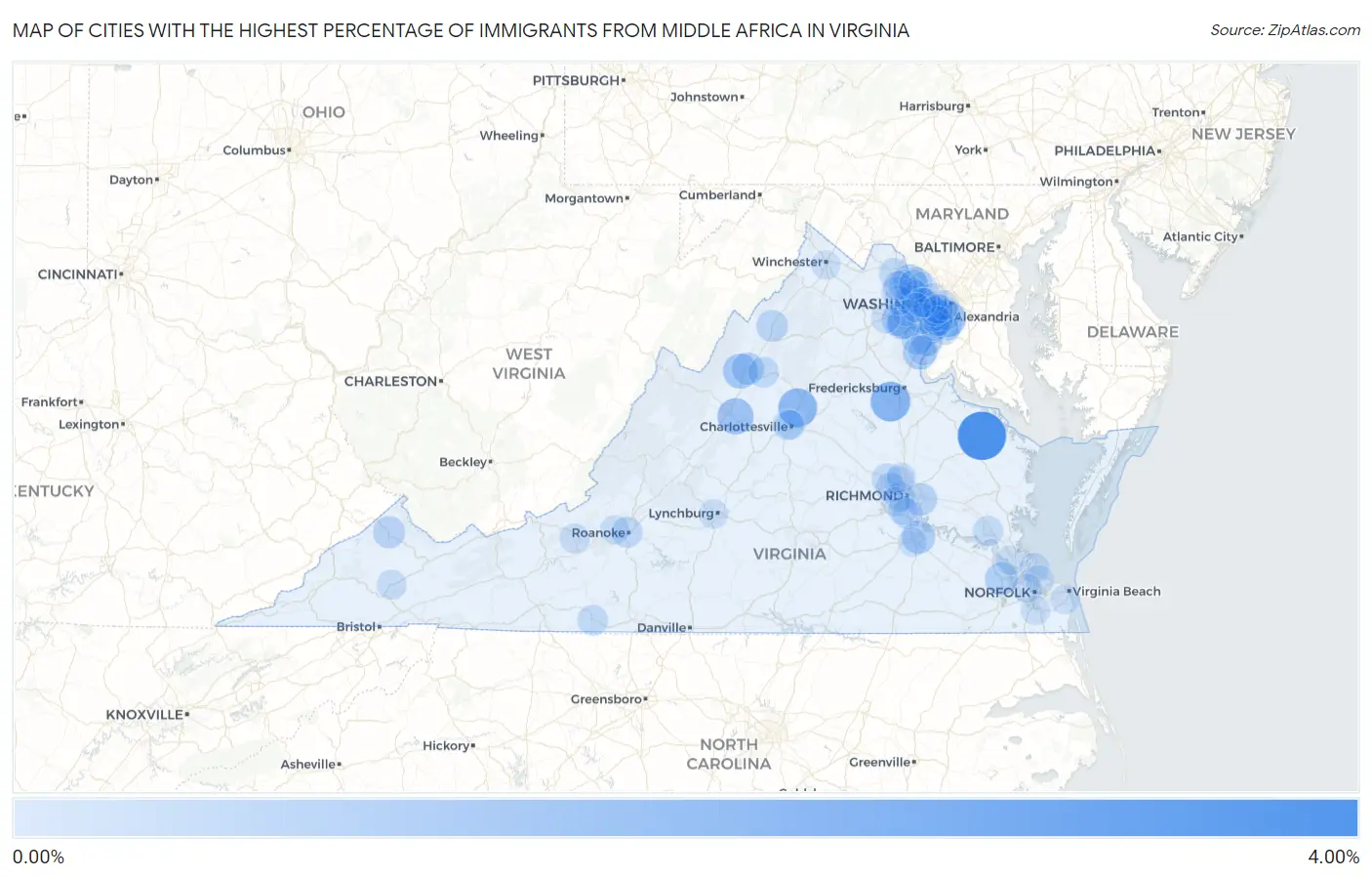 Cities with the Highest Percentage of Immigrants from Middle Africa in Virginia Map