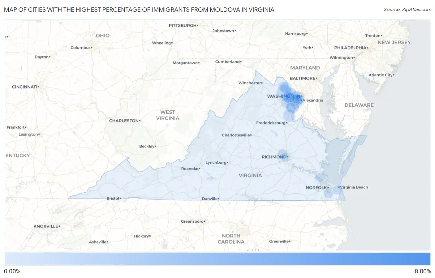 Cities with the Highest Percentage of Immigrants from Moldova in Virginia Map