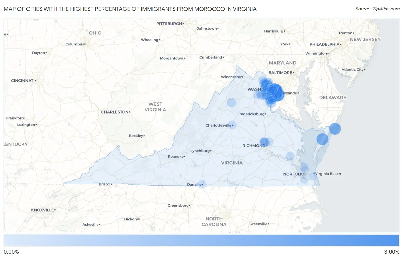 Cities with the Highest Percentage of Immigrants from Morocco in Virginia Map