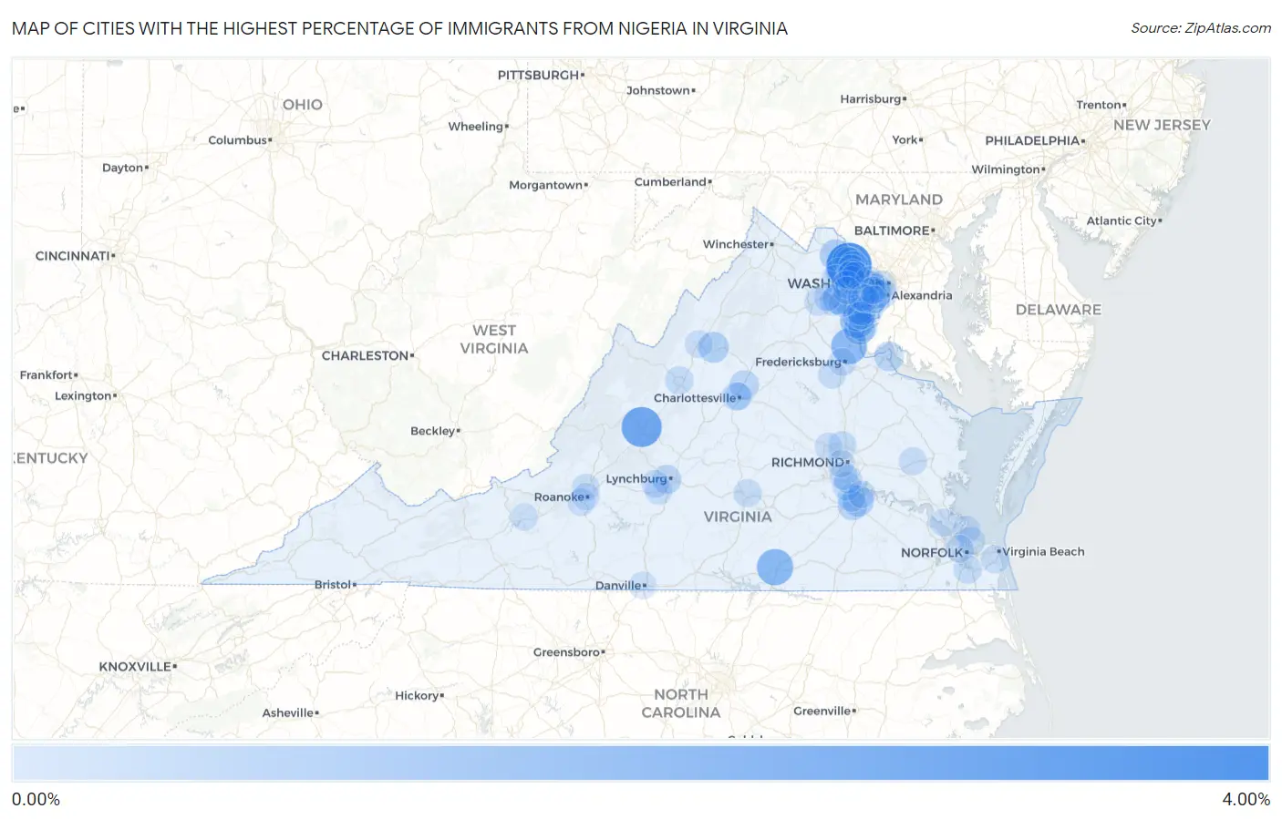 Cities with the Highest Percentage of Immigrants from Nigeria in Virginia Map