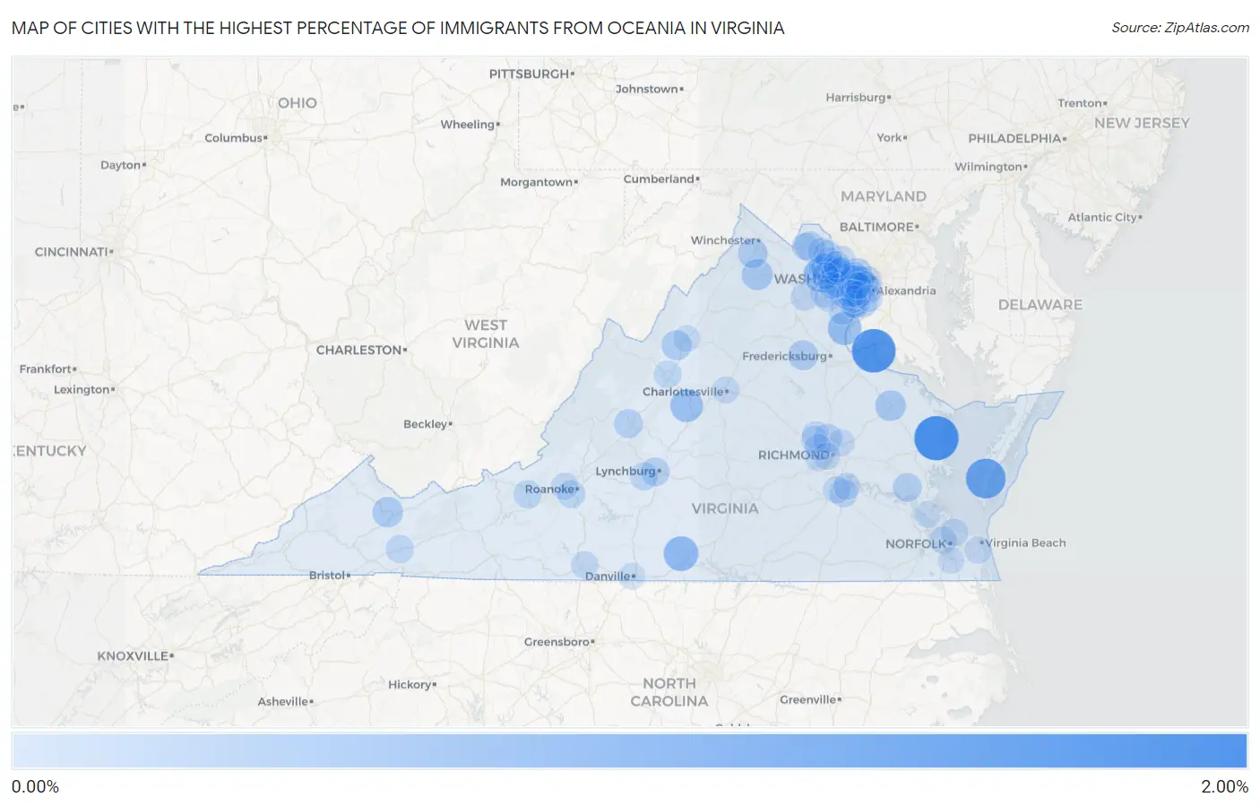 Cities with the Highest Percentage of Immigrants from Oceania in Virginia Map