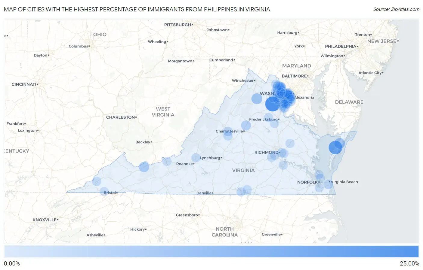 Cities with the Highest Percentage of Immigrants from Philippines in Virginia Map