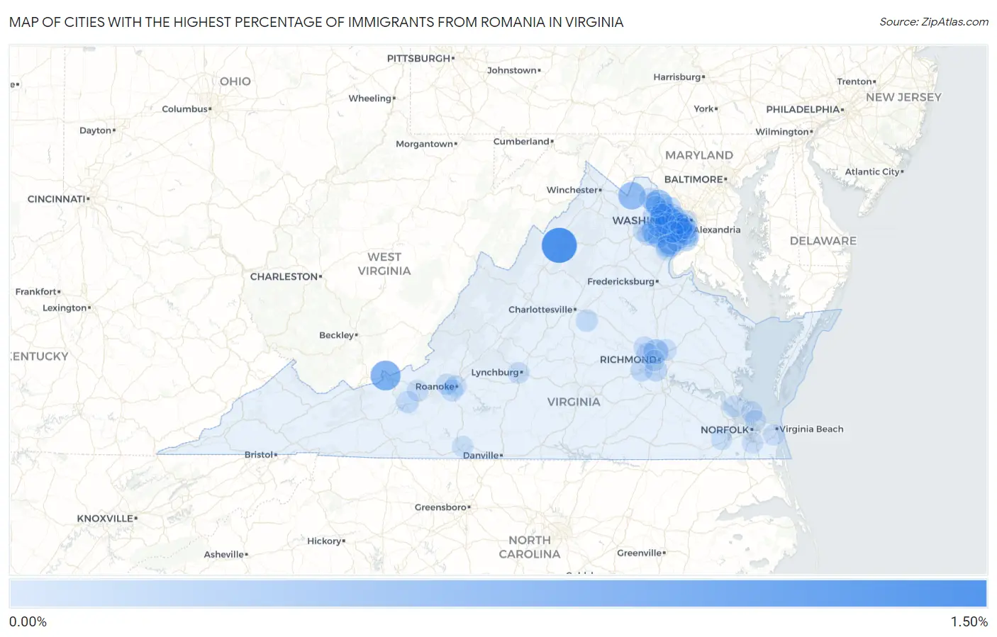 Cities with the Highest Percentage of Immigrants from Romania in Virginia Map