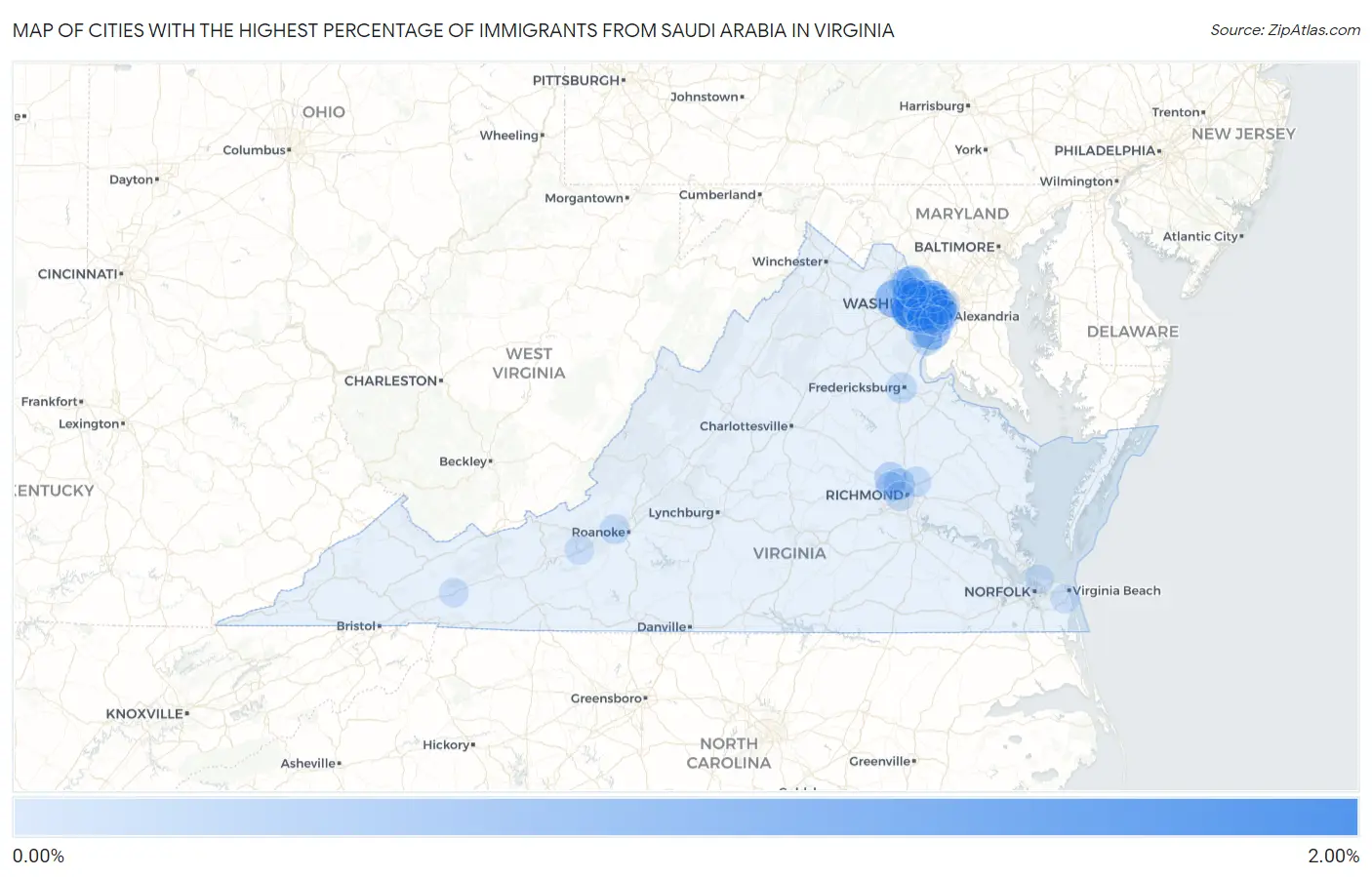 Cities with the Highest Percentage of Immigrants from Saudi Arabia in Virginia Map