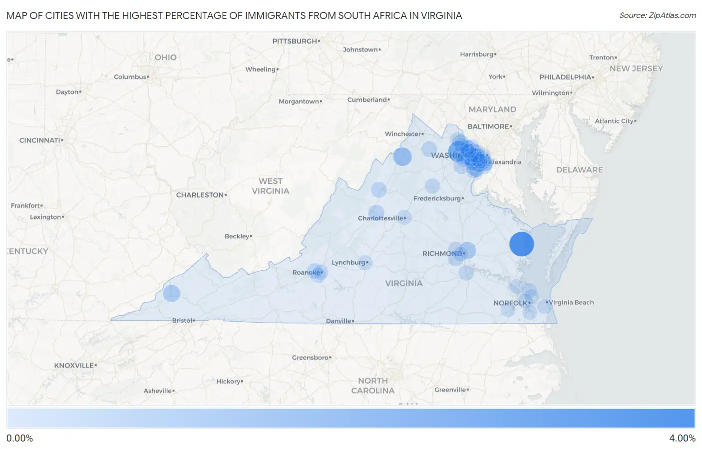 Cities with the Highest Percentage of Immigrants from South Africa in Virginia Map