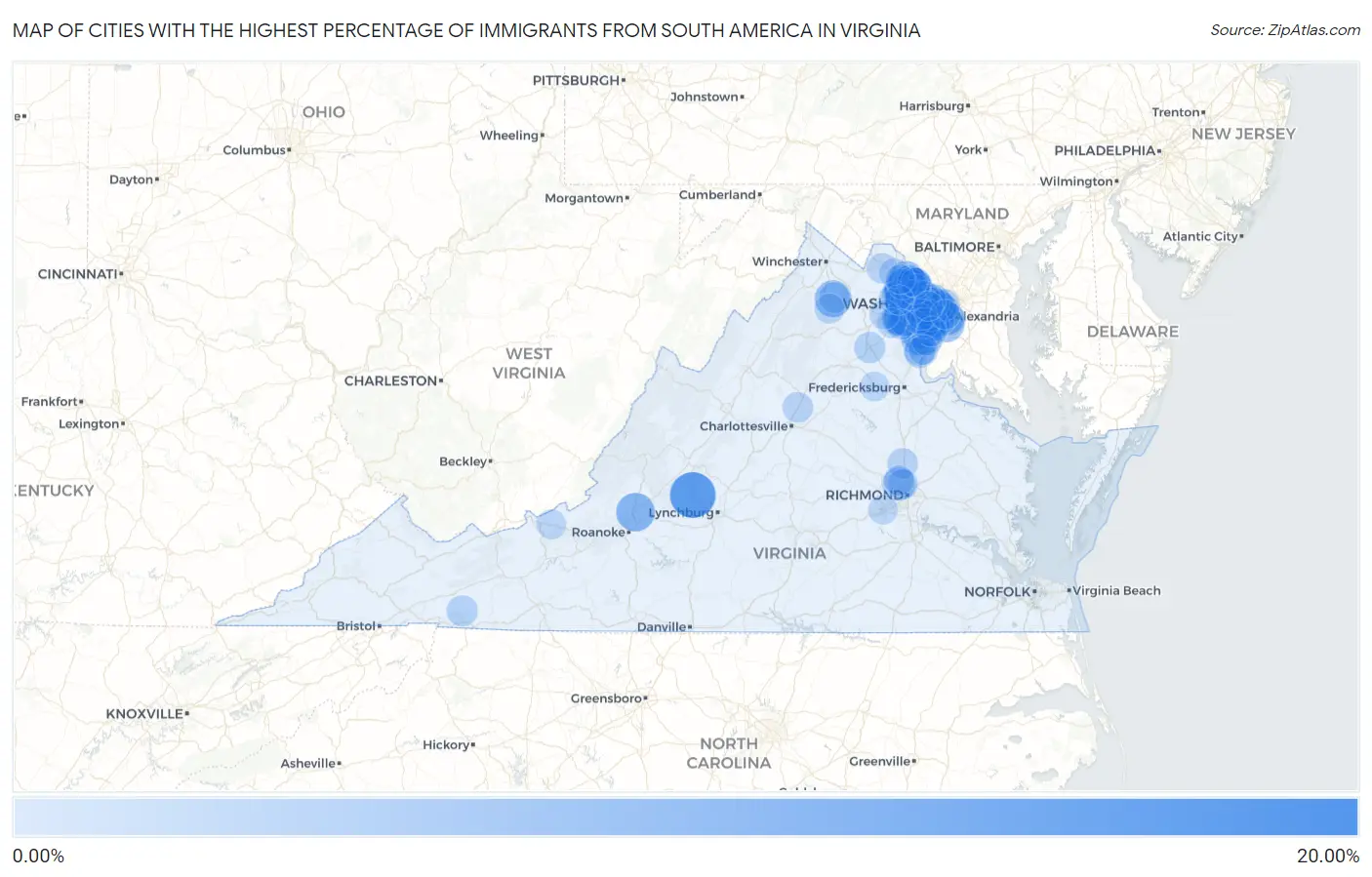 Cities with the Highest Percentage of Immigrants from South America in Virginia Map