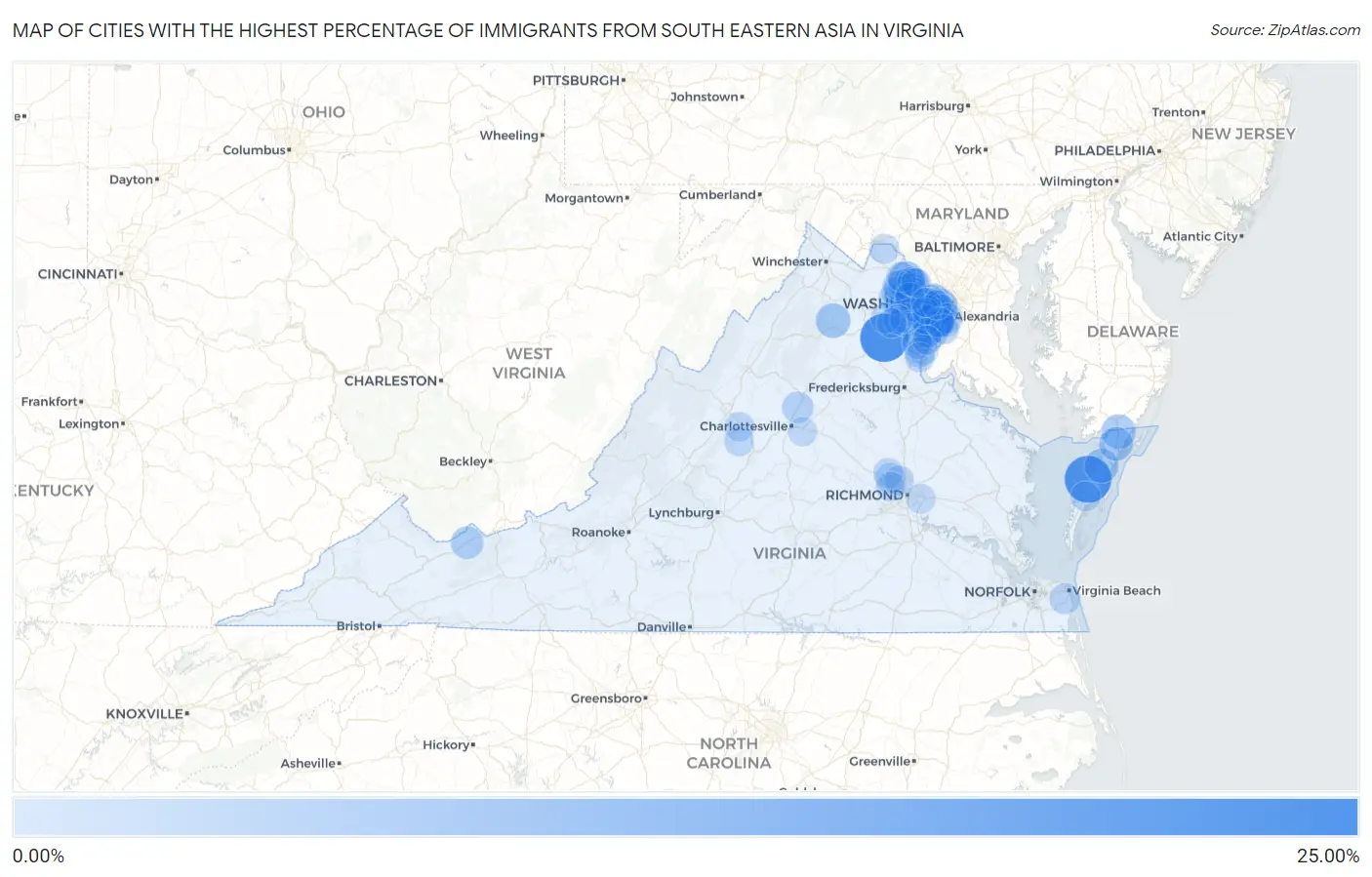 Cities with the Highest Percentage of Immigrants from South Eastern Asia in Virginia Map