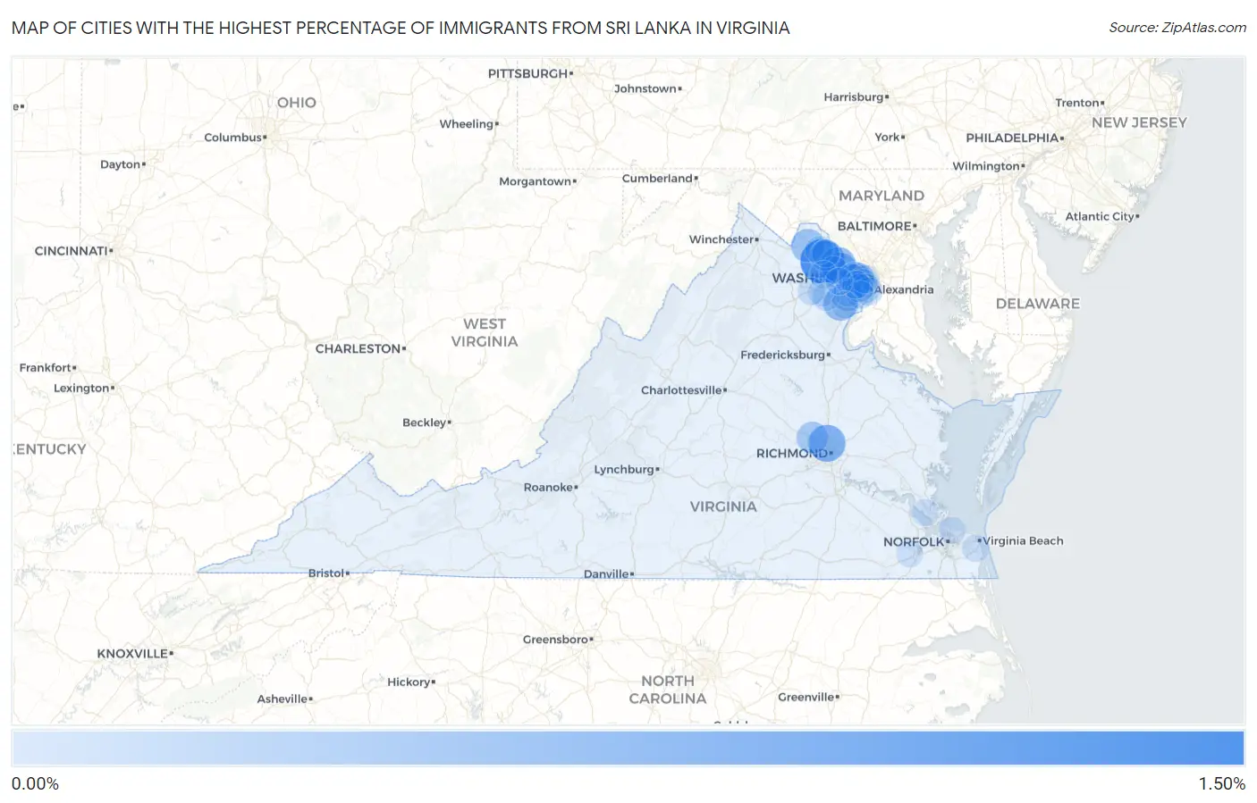 Cities with the Highest Percentage of Immigrants from Sri Lanka in Virginia Map