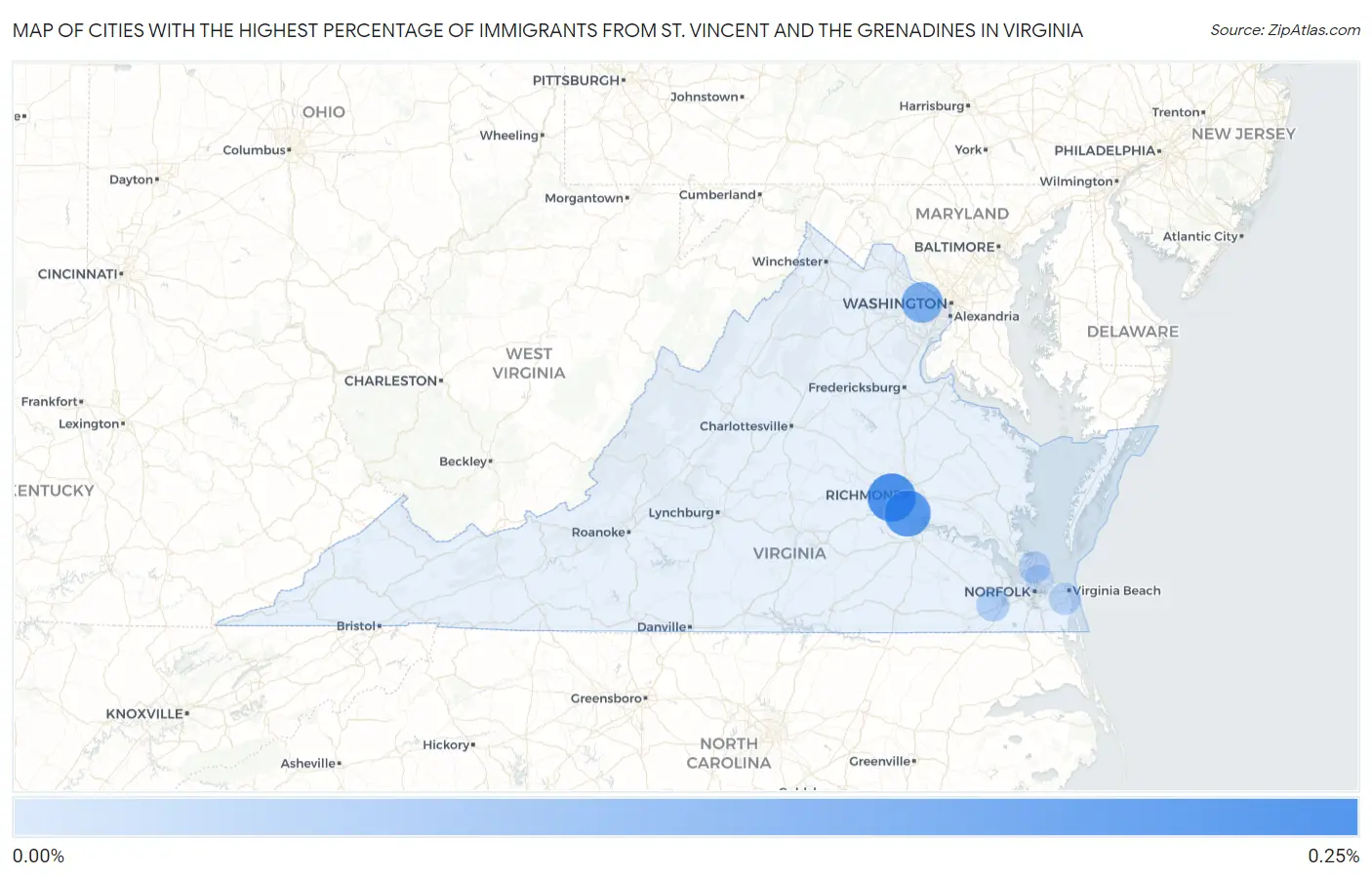 Cities with the Highest Percentage of Immigrants from St. Vincent and the Grenadines in Virginia Map