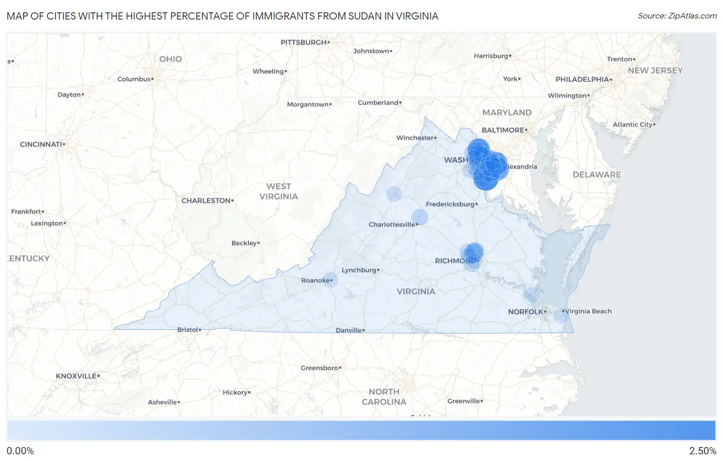 Cities with the Highest Percentage of Immigrants from Sudan in Virginia Map