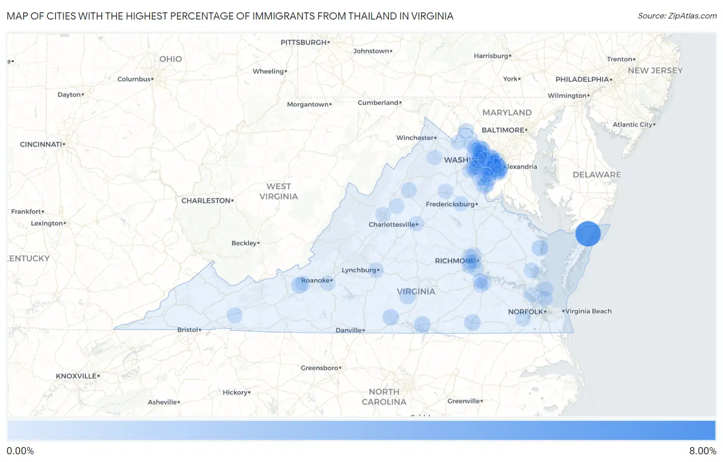 Cities with the Highest Percentage of Immigrants from Thailand in Virginia Map