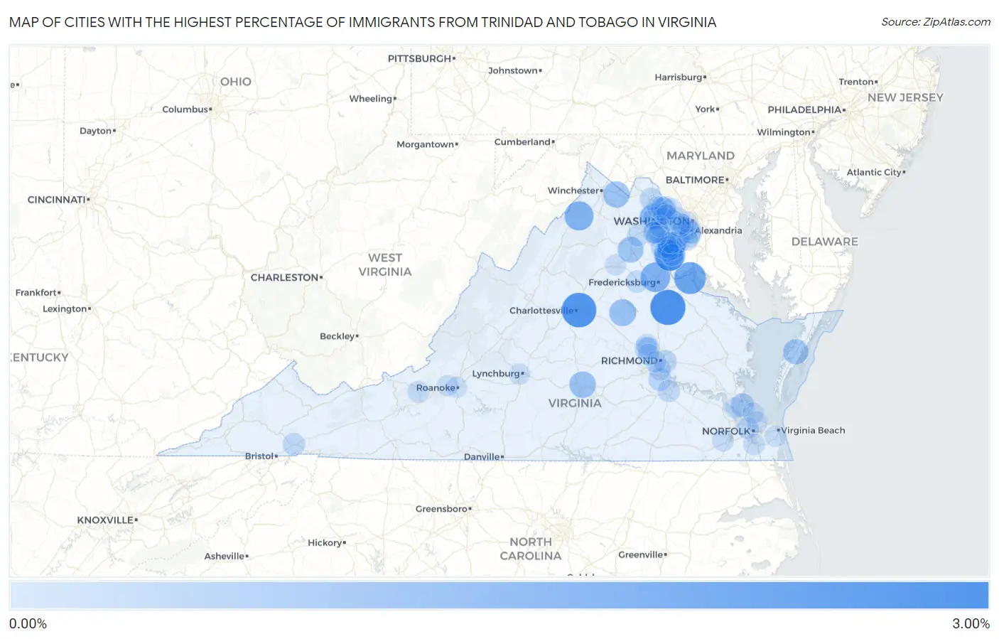 Cities with the Highest Percentage of Immigrants from Trinidad and Tobago in Virginia Map