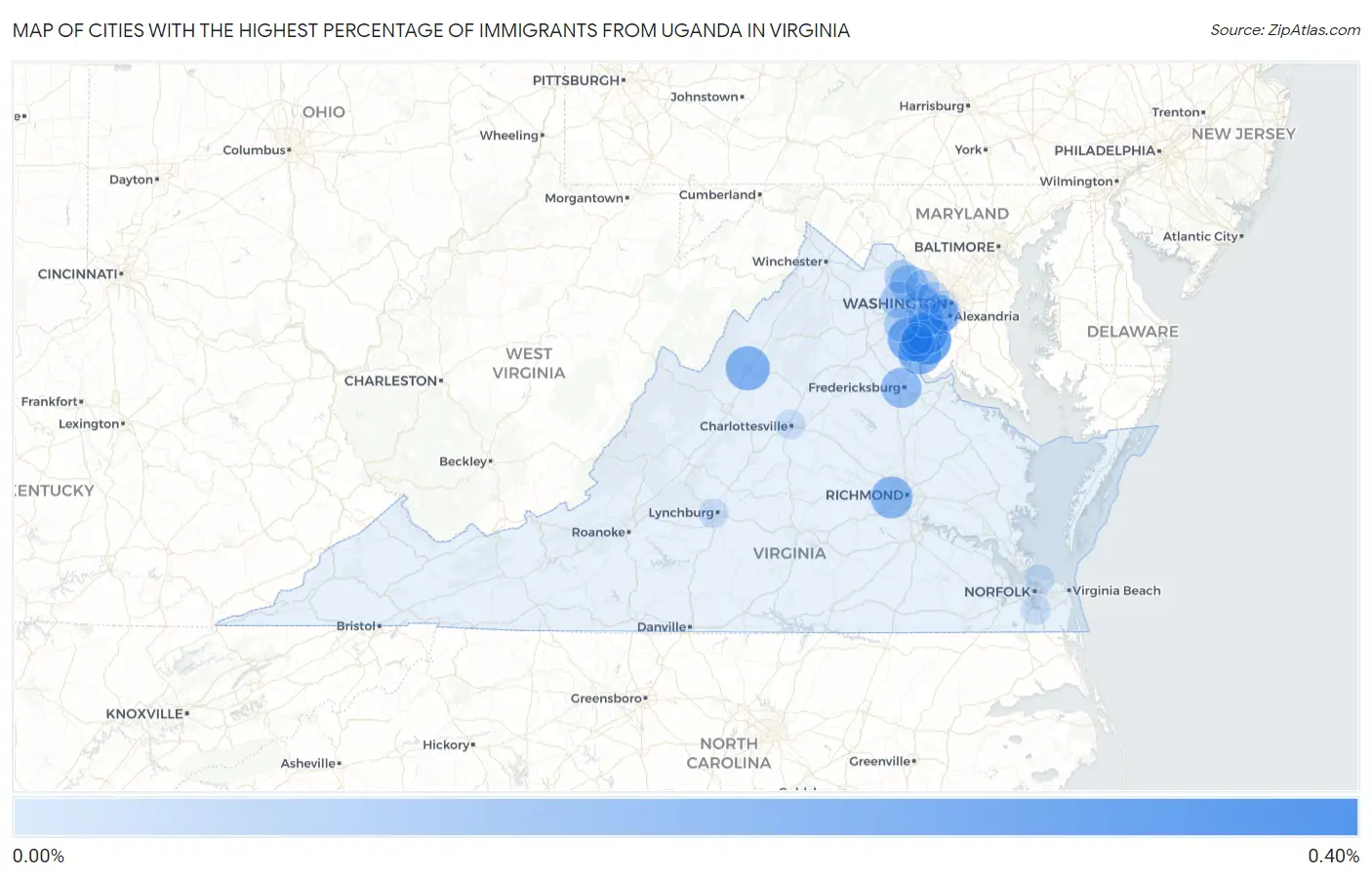 Cities with the Highest Percentage of Immigrants from Uganda in Virginia Map