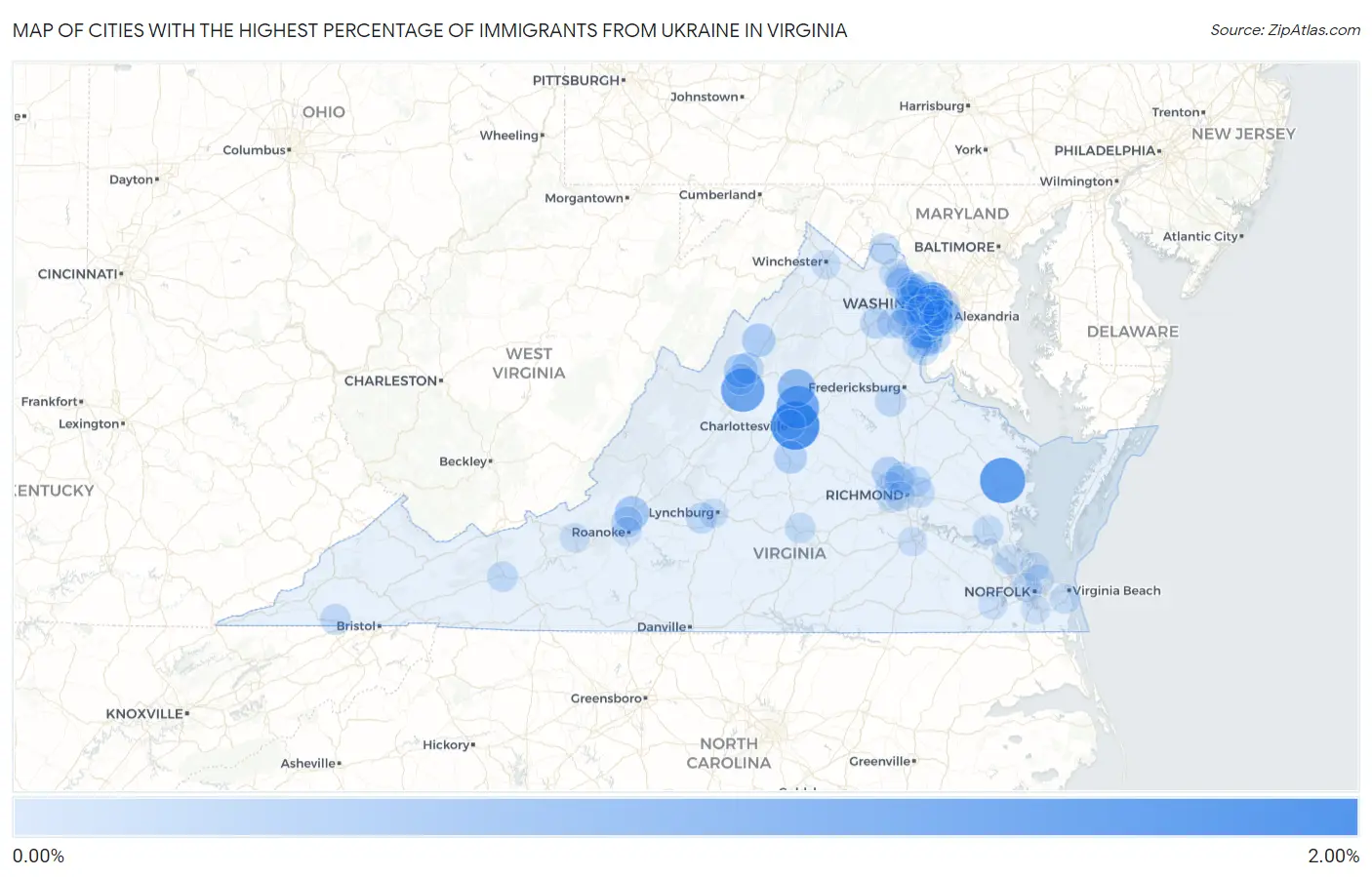 Cities with the Highest Percentage of Immigrants from Ukraine in Virginia Map