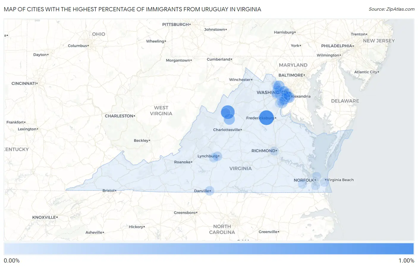 Cities with the Highest Percentage of Immigrants from Uruguay in Virginia Map
