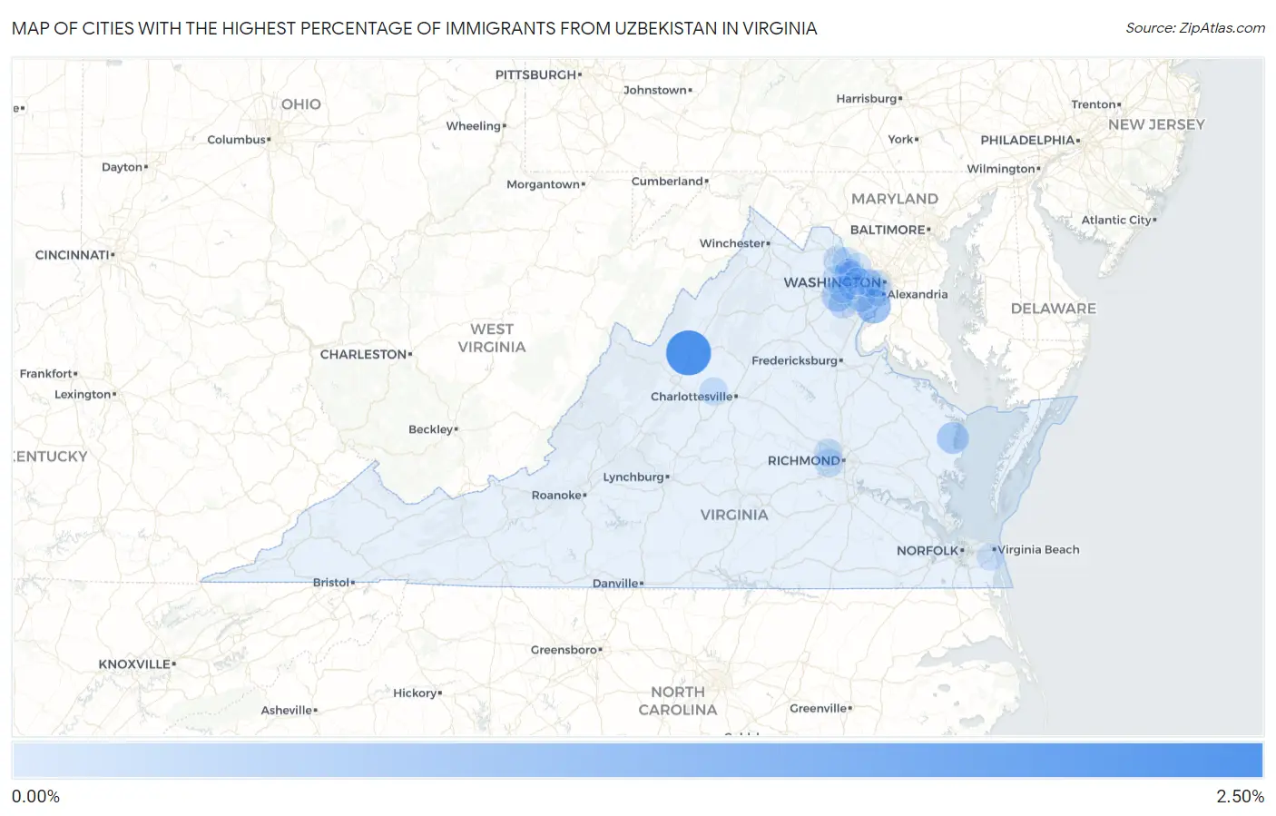 Cities with the Highest Percentage of Immigrants from Uzbekistan in Virginia Map