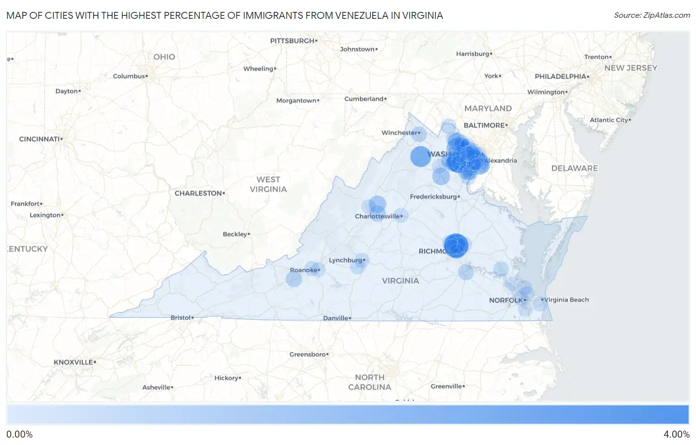 Cities with the Highest Percentage of Immigrants from Venezuela in Virginia Map