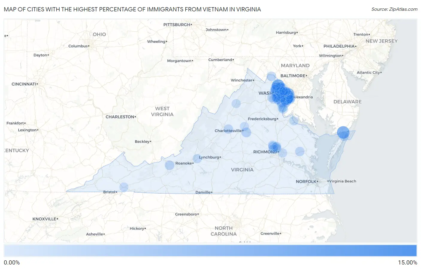 Cities with the Highest Percentage of Immigrants from Vietnam in Virginia Map