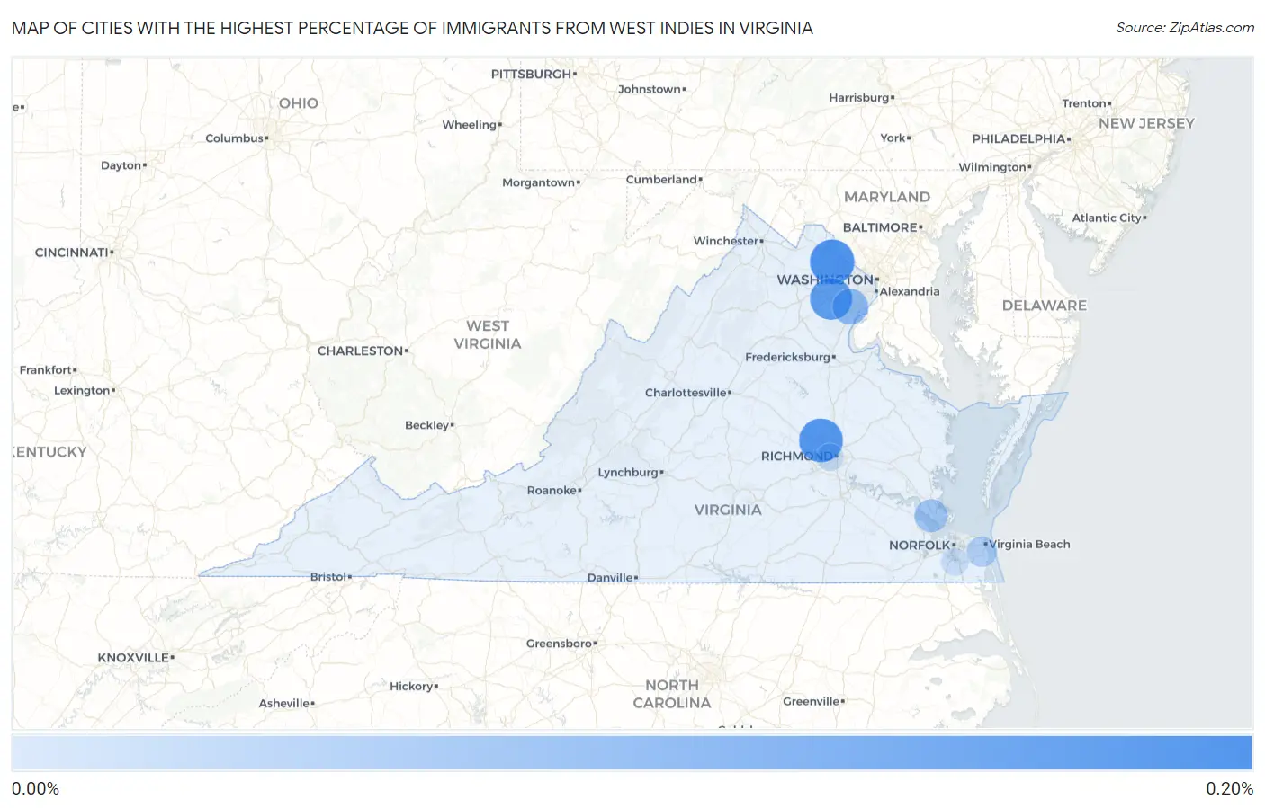 Cities with the Highest Percentage of Immigrants from West Indies in Virginia Map