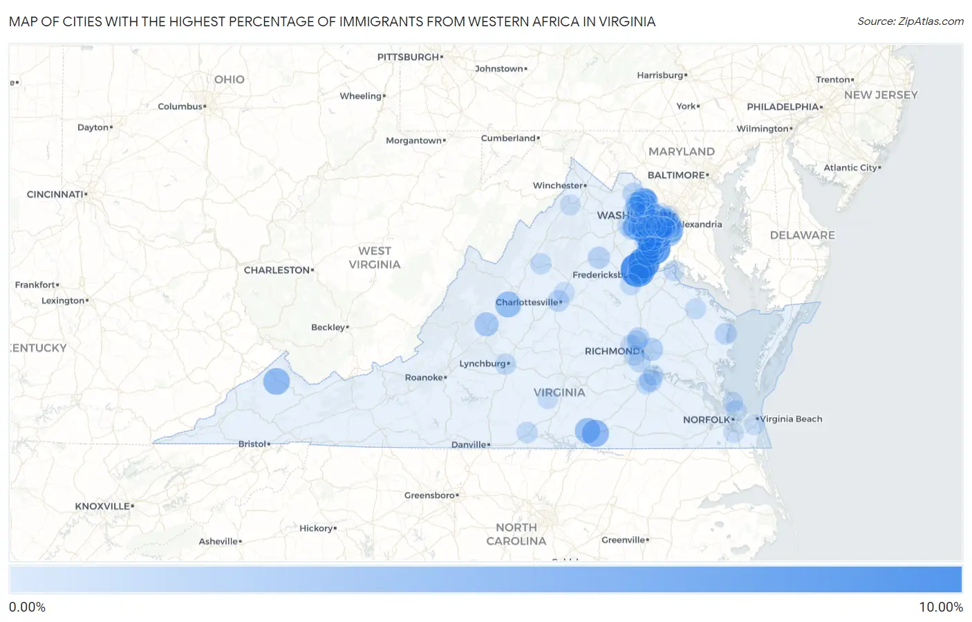 Cities with the Highest Percentage of Immigrants from Western Africa in Virginia Map
