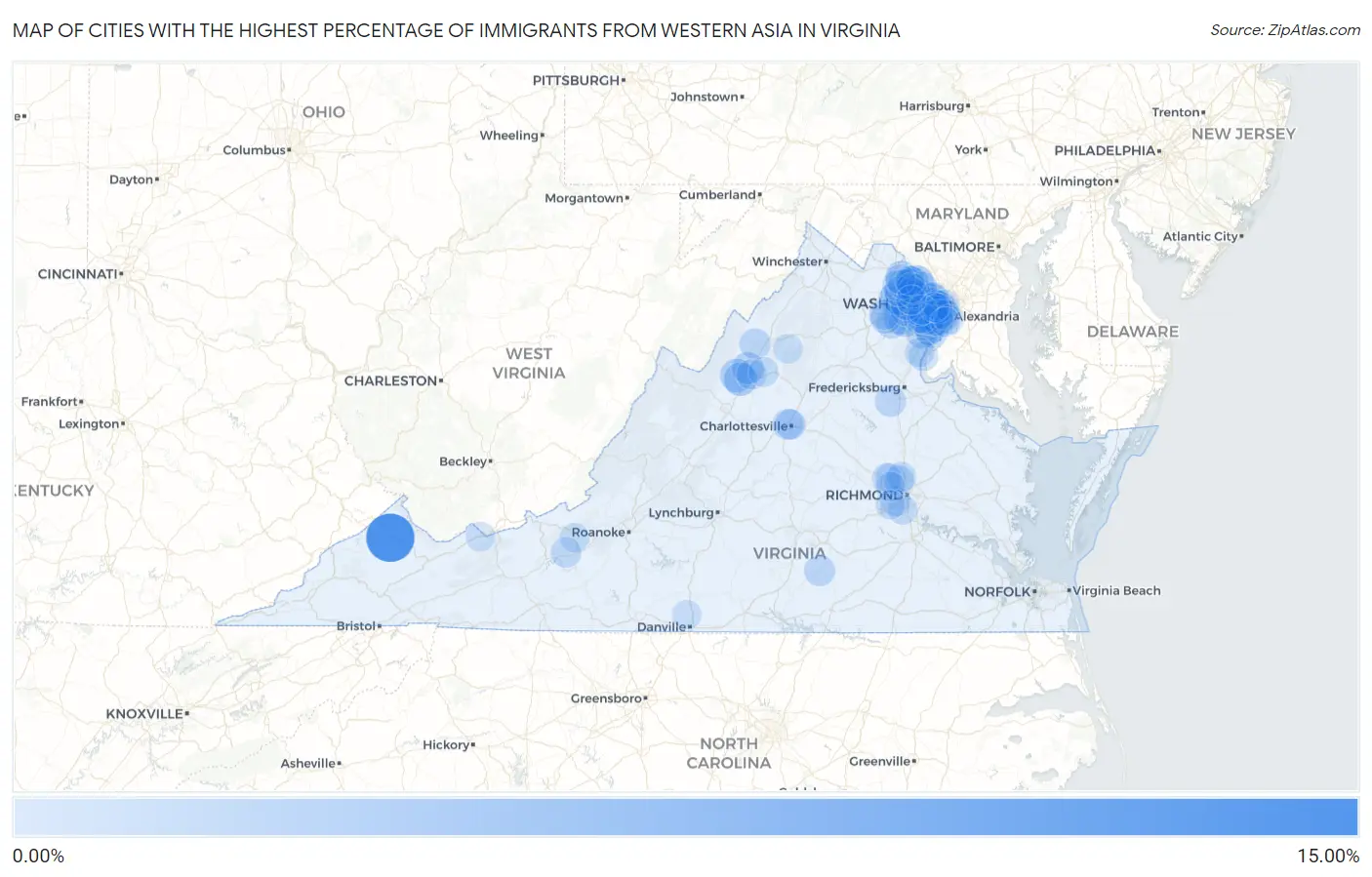 Cities with the Highest Percentage of Immigrants from Western Asia in Virginia Map