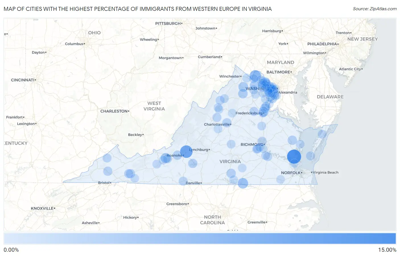 Cities with the Highest Percentage of Immigrants from Western Europe in Virginia Map