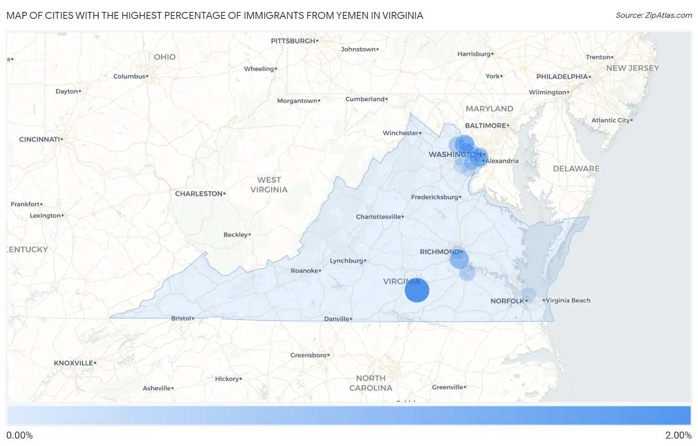 Cities with the Highest Percentage of Immigrants from Yemen in Virginia Map