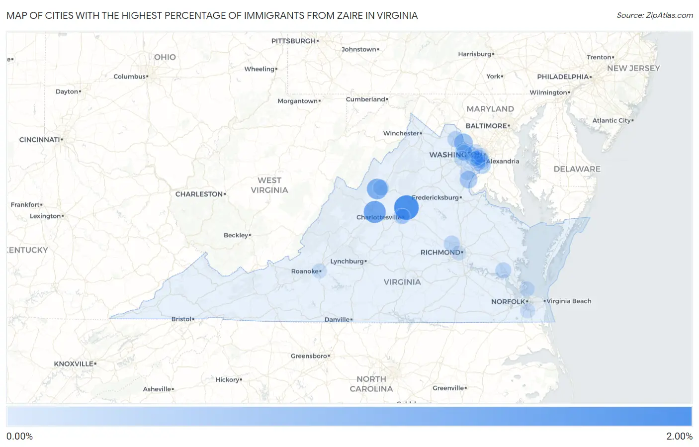 Cities with the Highest Percentage of Immigrants from Zaire in Virginia Map