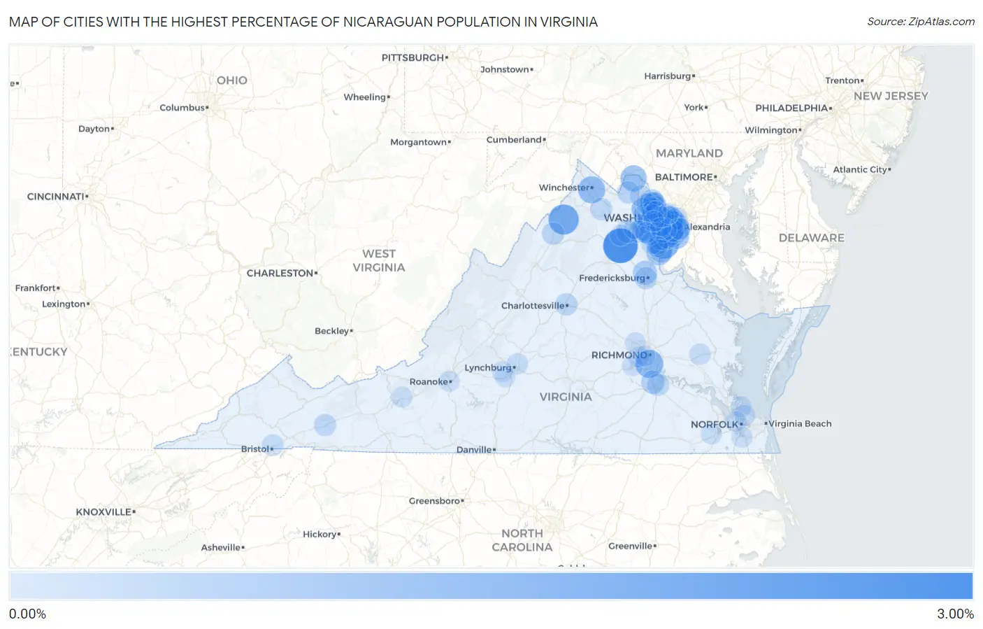 Cities with the Highest Percentage of Nicaraguan Population in Virginia Map